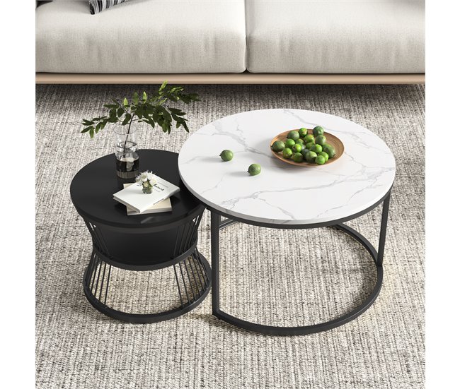 Mesa de centro, mesa de sala, iluminação LED, gavetas 70x45 Branco/ Preto