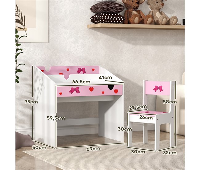 Secretéria e Cadeira para Crianças MDF AIYAPLAY 69x50 Rosa