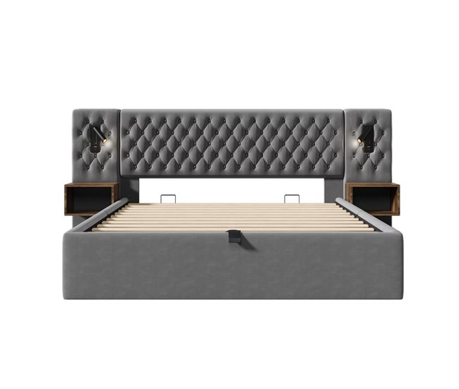 Cama polsterbett 160x200 - cama hidráulica com arrumação, 2 mesas de cabeceira, luz led, cinzenta