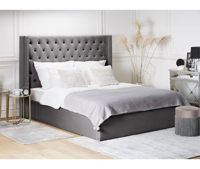 Beliani Cama com armazenamento Veludo LUBBON 210x217 Cinza