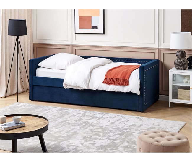 Beliani Cama com estrado Bombazine MIMIZAN Azul Marino
