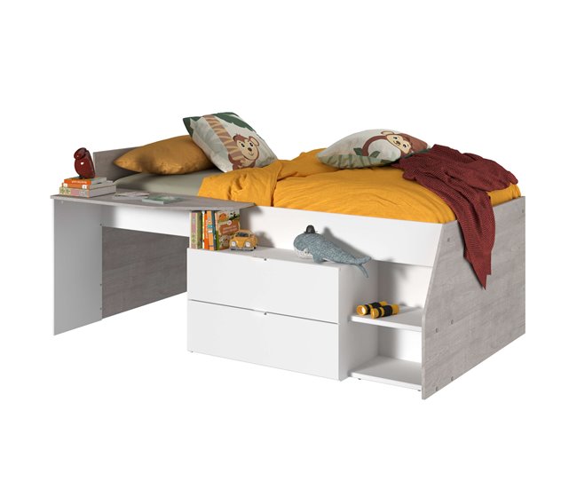 Cama infantil Valky com escrivaninha e 2 gavetas 203x135 Branco/cinza