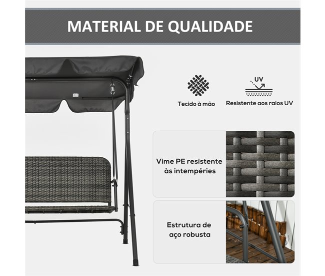 Baloiço de Jardim 3 Lugares Aço, Vime PE e Poliéster Outsunny Cinza