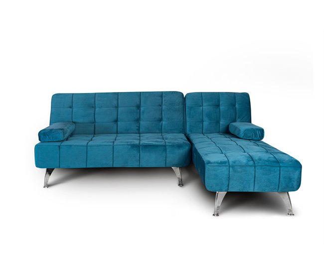 Sofá-cama com chaise longue e mesa de apoio Azul