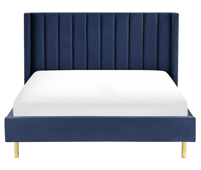Beliani Cama com estrado Veludo VILLETTE Azul Marino