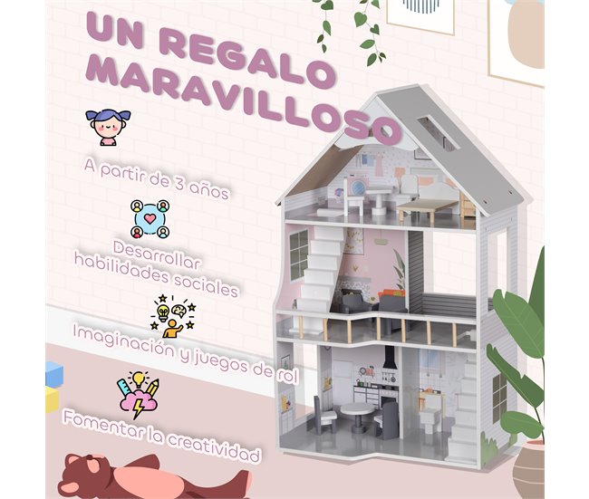 Casa de Bonecas MDF e Madeira de Pinho AIYAPLAY Cinza