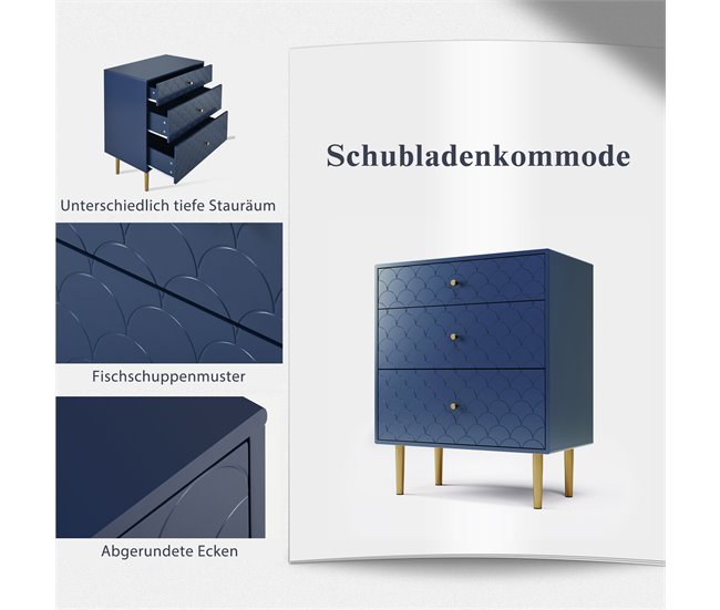 Armário Auxiliar com 3 Gavetas e Pés Metálicos Azul