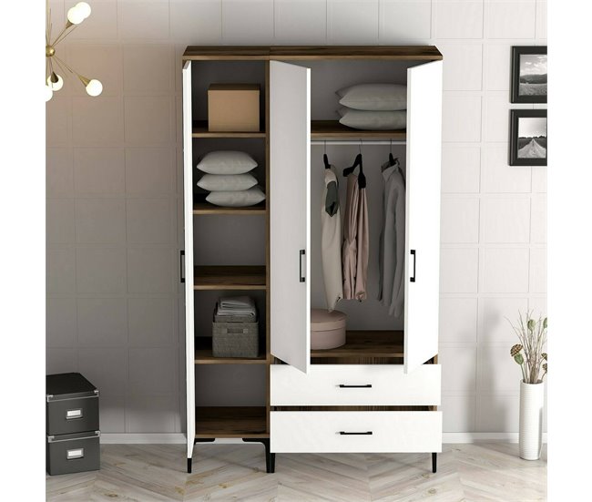 Armário de 3 portas com efeito madeira 120 Branco/ Madeira