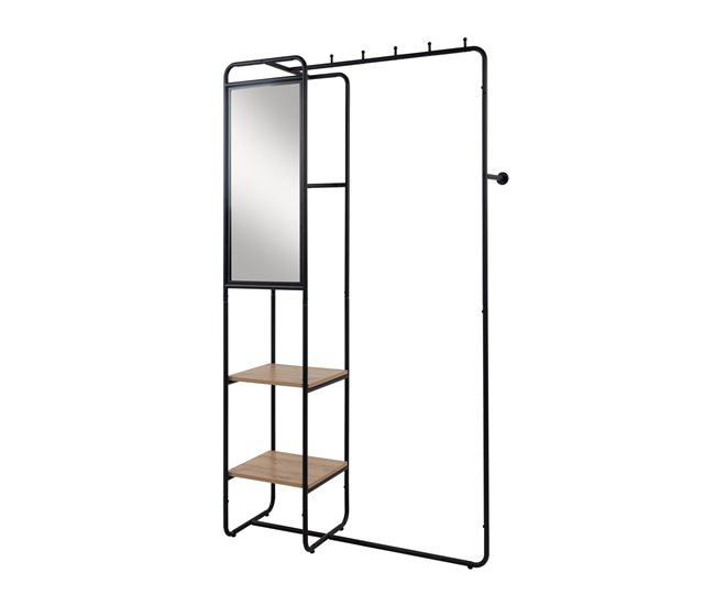 Móvel para hall de entrada com espelho e 2 prateleiras LUTON Preto/ Madeira
