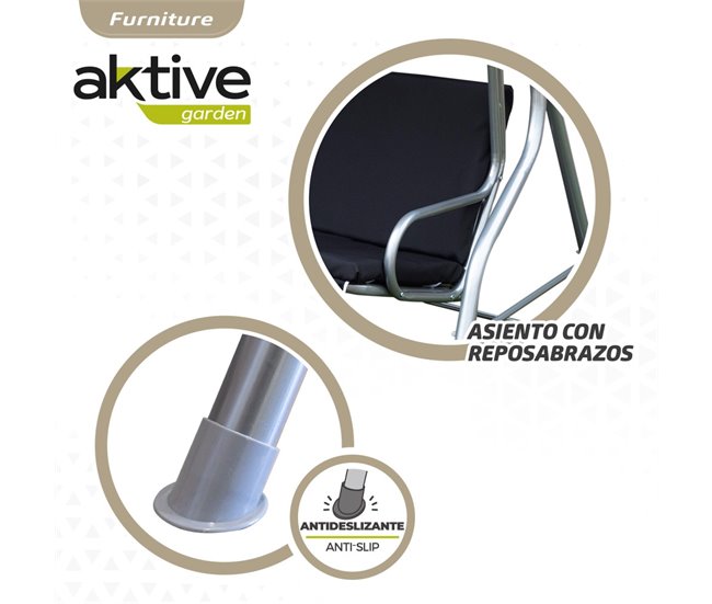 Cadeira de baloiço de jardim preta com capota basculante de 3 lugares Aktive Preto