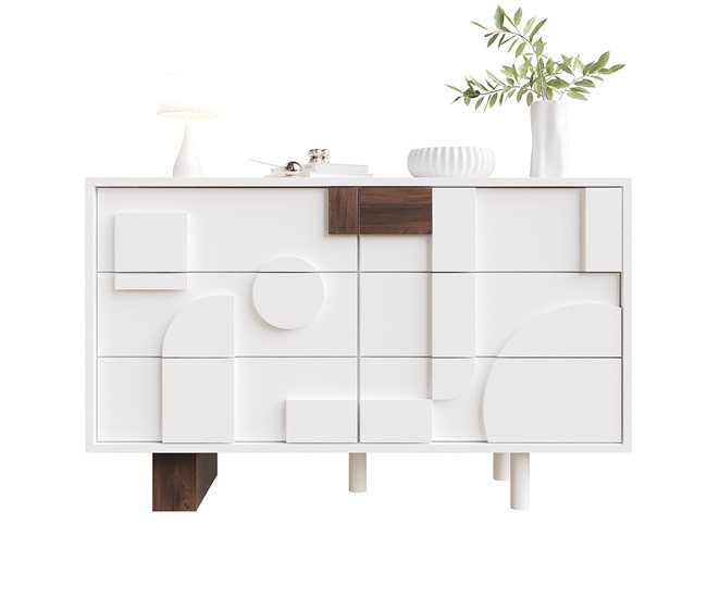 Aparador com efeito madeira e frente em relevo geométrico Branco