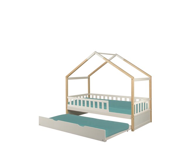 Cama nido de madeira maciça WOOD 90x190 cm em branco natural Branco/ Madeira