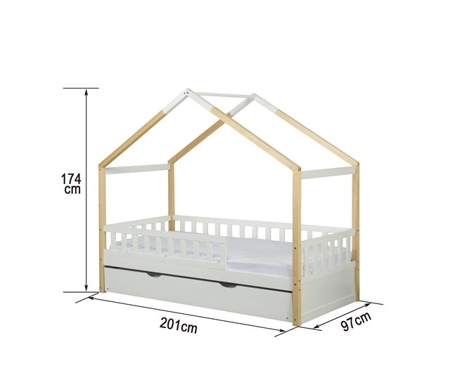 Cama nido de madeira maciça WOOD 90x190 cm em branco natural Branco/ Madeira