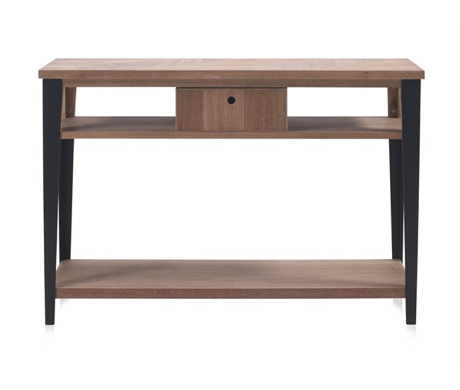 Console de madeira de freixo com gaveta e base de metal Preto