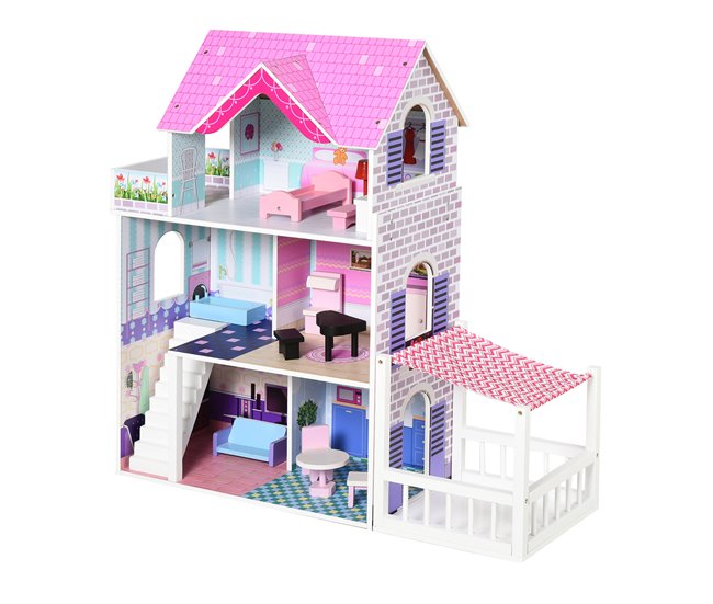 Casa de Bonecas Madeira de Pinho e MDF HOMCOM Rosa