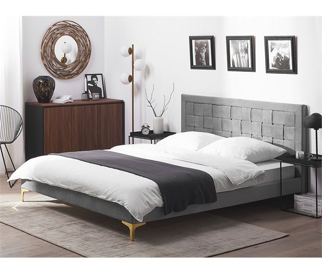 Beliani Cama com estrado Veludo LIMOUX 187x213 Azul Marino