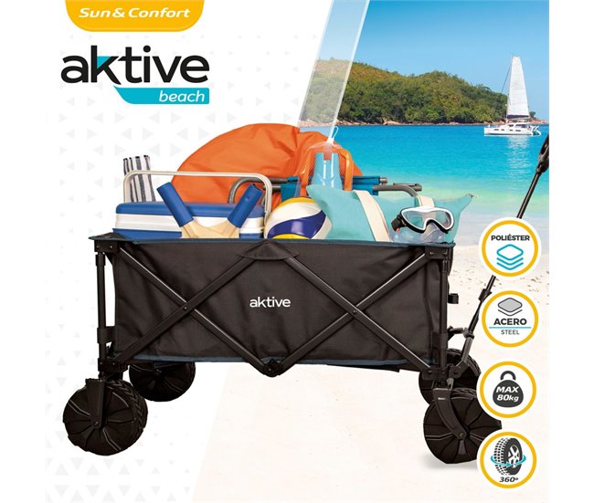 Carrinho de praia c/rodas de areia especial com 50 kg de carga Aktive Preto