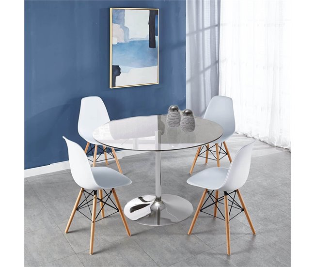 Pack Mesa Redonda de Vidro Temperado + 4 Cadeiras  Estilo Nórdico 90x90 Branco