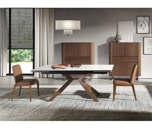 ANGEL CERDA Mesa de jantar extensível retangular em mármore porcelânico e aço com efeito nogueira 260x90 Nogal