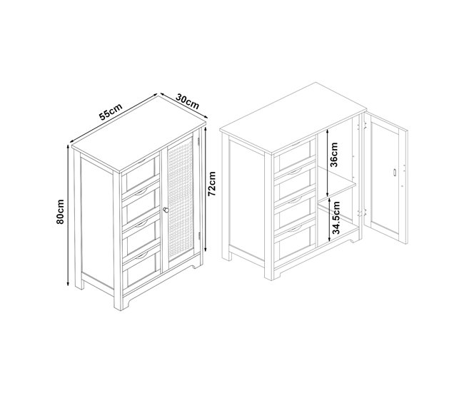 Armário de casa de banho Karlsøy com 1 porta 4 gavetas MDF rattan Branco