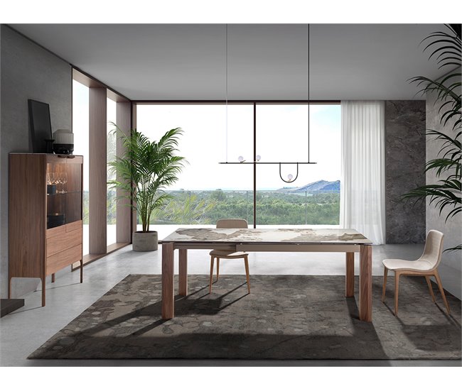 ANGEL CERDA Mesa de jantar extensível retangular mármore porcelânico e nogueira 200x90 Natural/ Branco