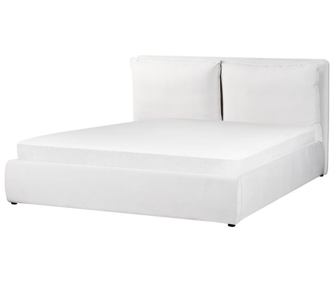 Beliani Cama com armazenamento Veludo BAJONNA 184x235 Branco/ Bege