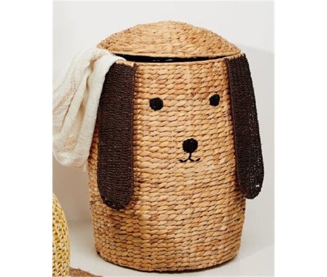 Cesto de arrumação em jacinto de água, com a forma de um cão Bege
