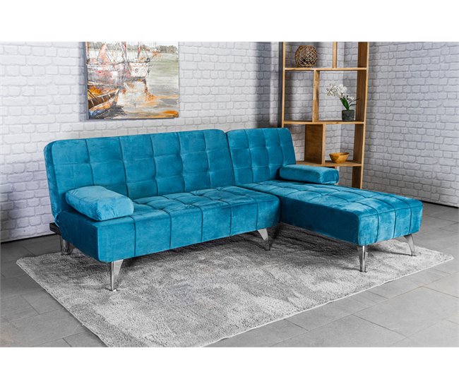 Sofá-cama com chaise longue e mesa de apoio Azul
