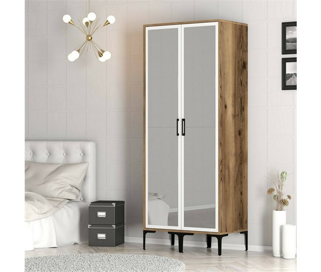 Armário 2 portas com efeito madeira 80 Branco/ Madeira