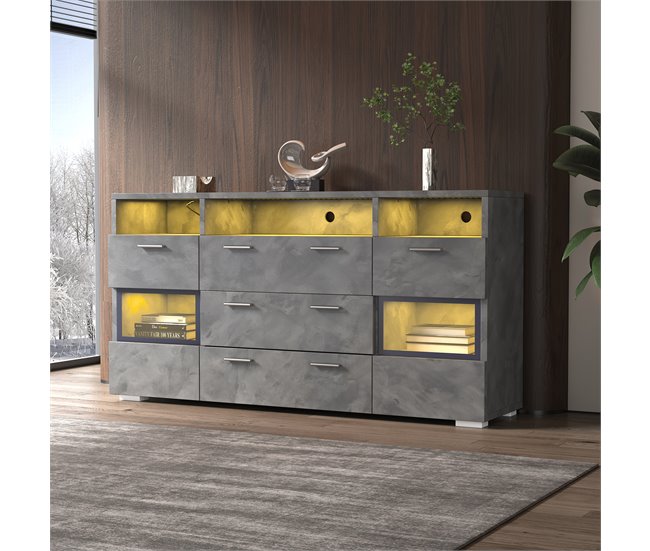 Aparador de painel de partículas com 2 portas e 3 gavetas Cinza