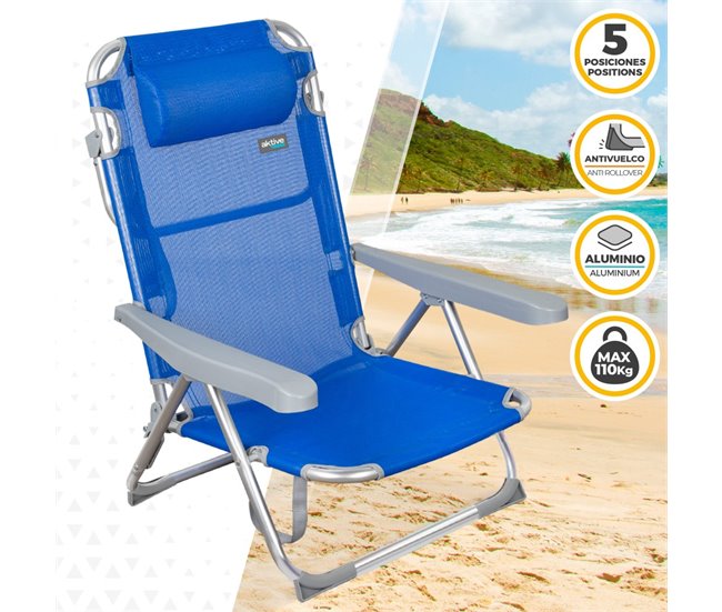 Pack económico 2 cadeiras de praia Gomera cadeiras de praia multiposição anti-tombamento c/ almofada 48x60x90 cm Aktive Cinza