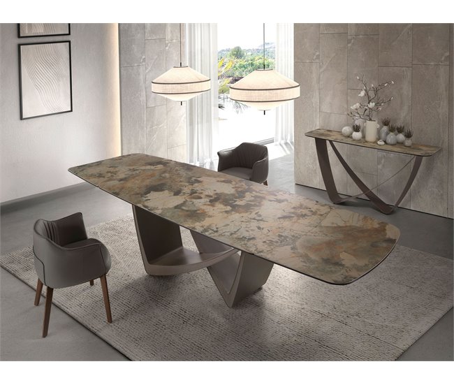 ANGEL CERDA Mesa de jantar oval extensível barril oval mármore porcelana e aço metálico taupe 300x100 Castanho