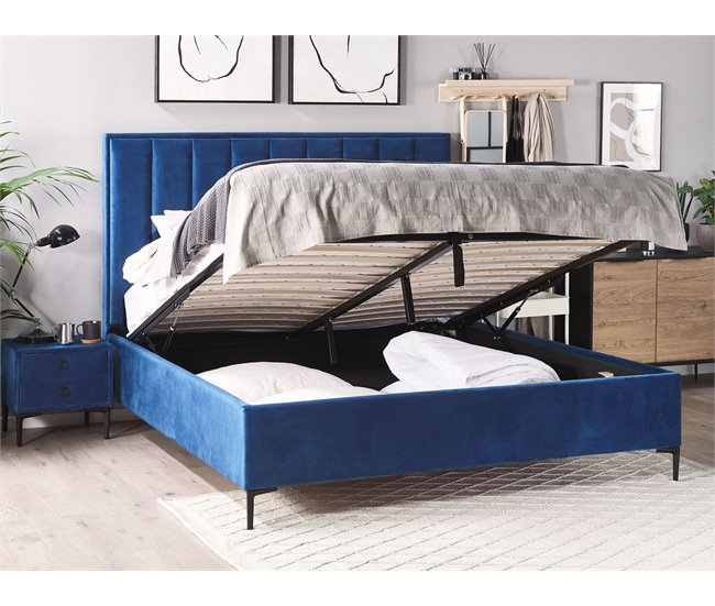 Beliani Cama com estrado Veludo SEZANNE 170x215 Azul Marino
