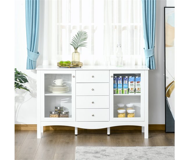 Aparador de Cozinha MDF, Vidro Temperado HOMCOM 136 Branco
