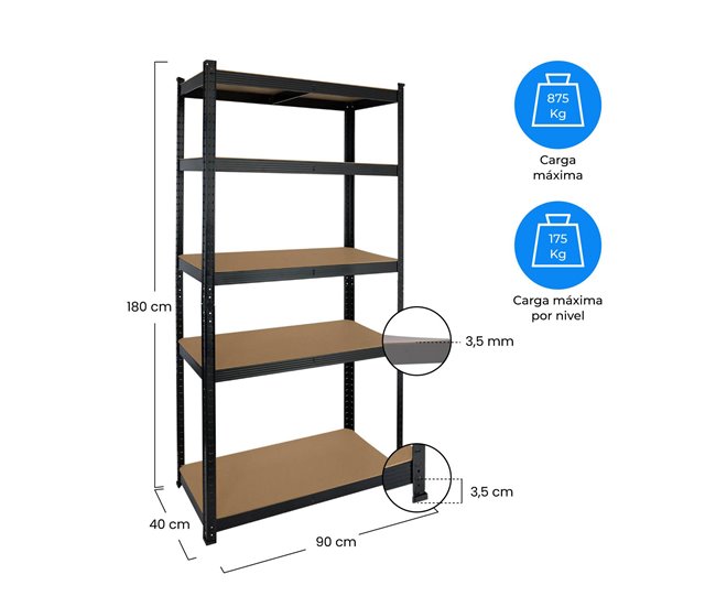 Pack 2 Prateleiras Modulares com 5 Prateleiras Ajustáveis ​​O91 Preto