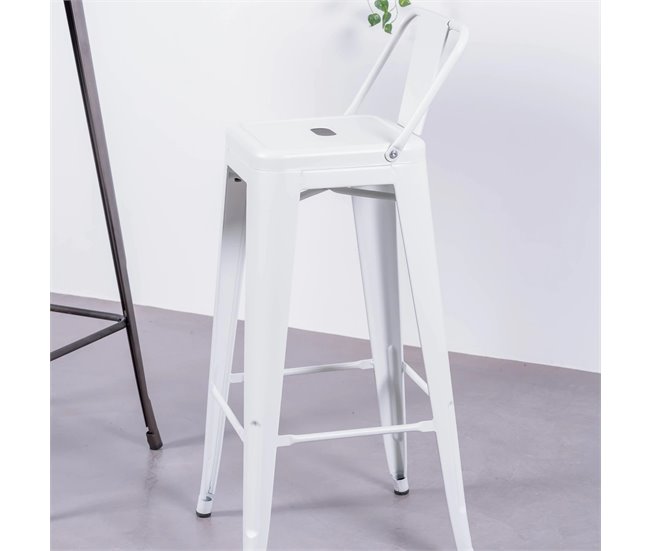 Banqueta industrial de metal com encosto baixo  - Bistro Branco