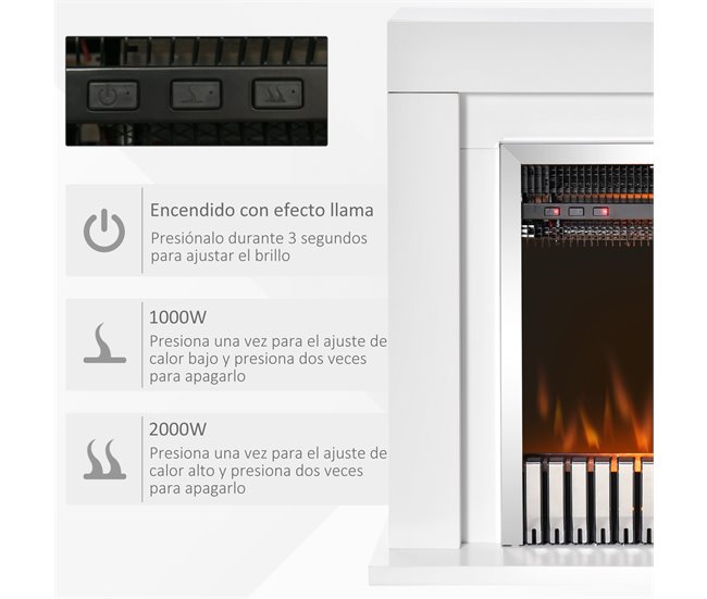 Lareira Elétrica Aço, Vidro Temperado, MDF HOMCOM Branco