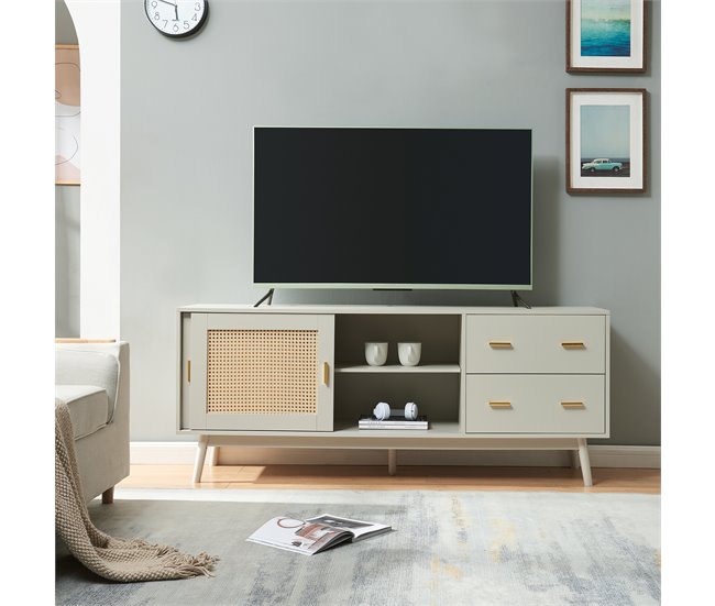 Armário de TV Susa 2 portas de correr de polyrattan [en.casa] 160 Bege