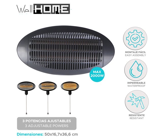 Aquecedor de parede Well Home com 3 tubos de quartzo Cinza