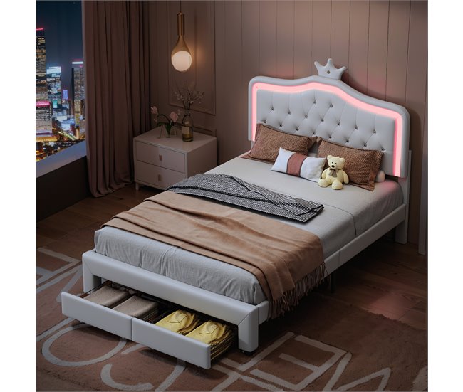 Cama, LED, cama adolescente, cama de casal, gavetas Branco