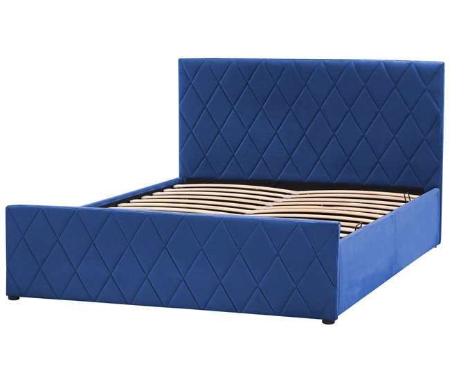 Beliani Cama com armazenamento Veludo ROCHEFORT 150x214 Azul Marino