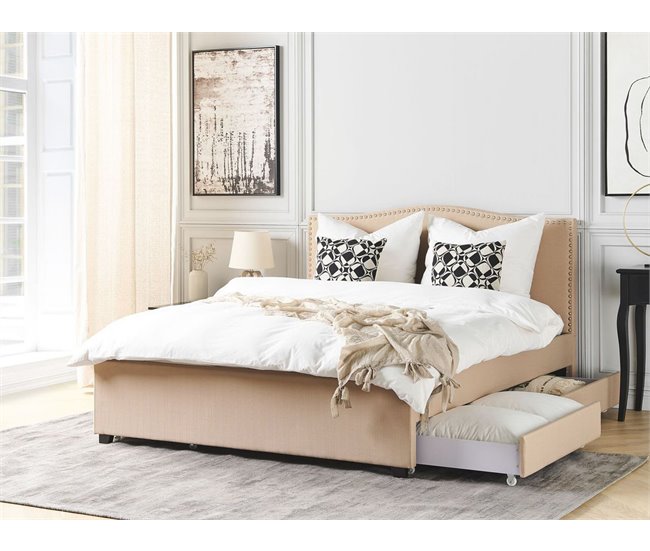 Beliani Cama com armazenamento Poliéster MONTPELLIER 187x213 Bege