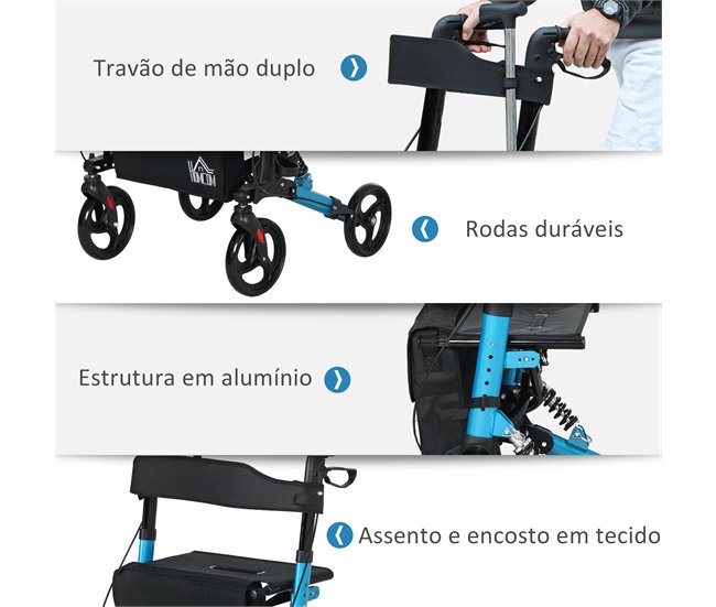 Andarilho para Idosos Alumínio, Plástico e Poliéster HOMCOM Azul