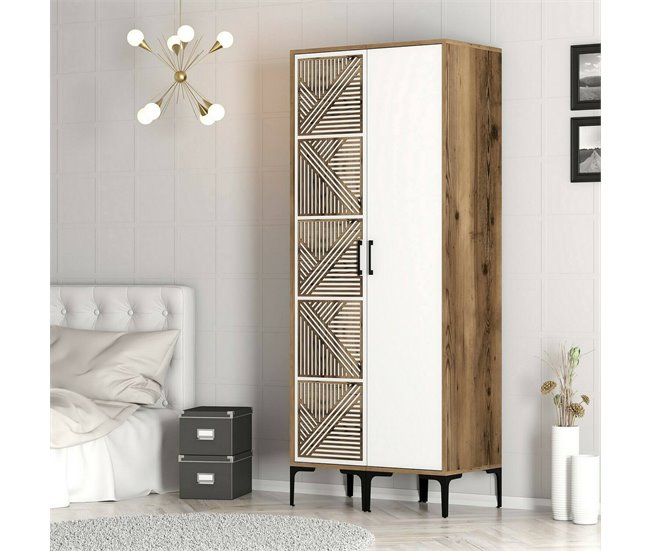 Armário 2 portas com efeito madeira 80 Branco/ Madeira