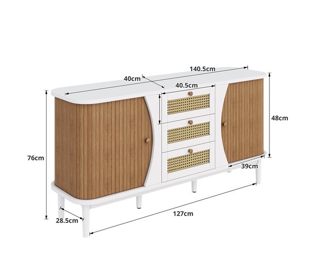 Aparador com 2 portas e 3 gavetas 140 Natural/ Branco