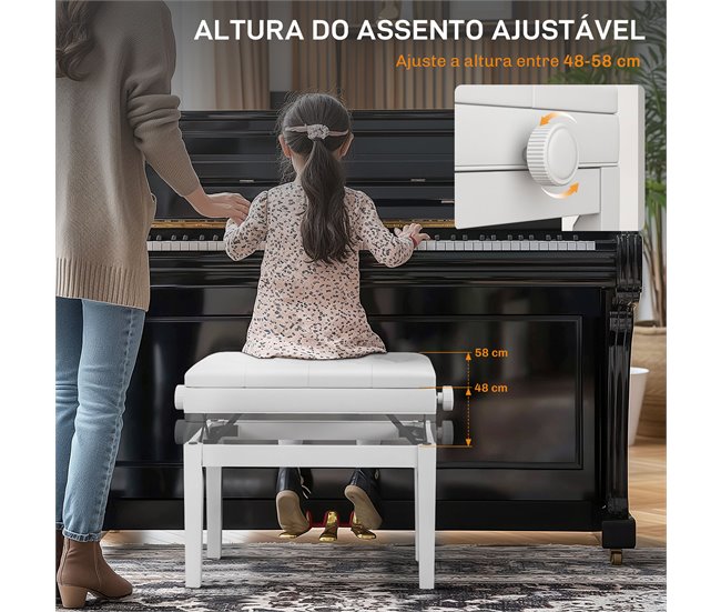 Banco de Piano Madeira de Borracha e Couro Sintético HOMCOM Branco