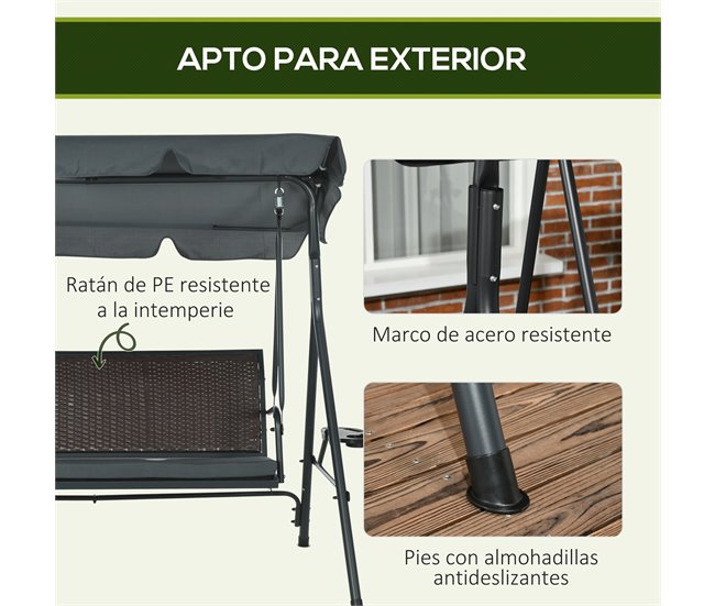 Baloiço de Jardim Poliéster, Vime PE e Aço Outsunny Cinza