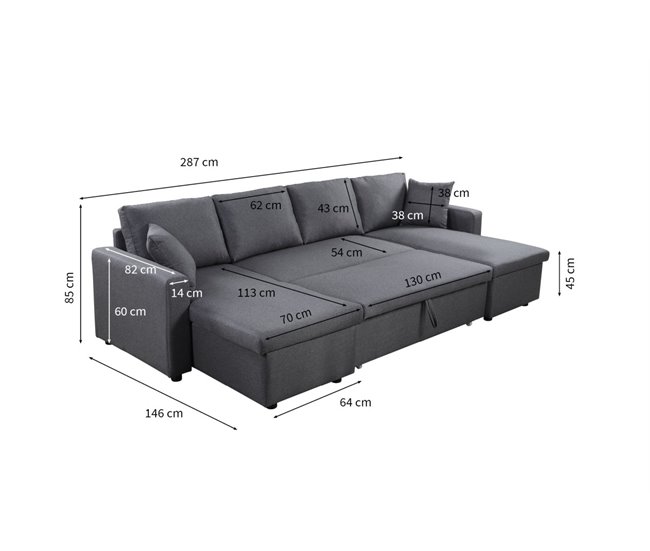 Sofá de canto U com cama 4 lugares e duas arcas GOLF cinza e preto Cinza