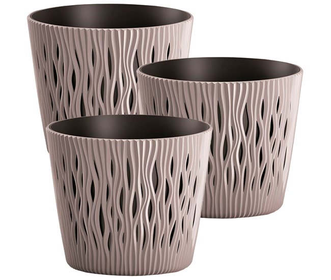 3x plantas redondas de plástico Sandy Round Castanho Claro