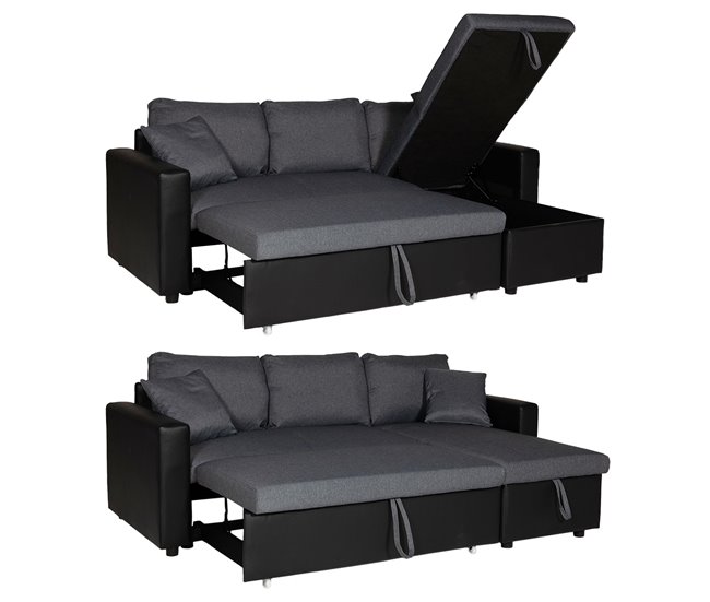 CLARK sofá-cama de canto de 3 lugares em tecido e imitação de couro Preto